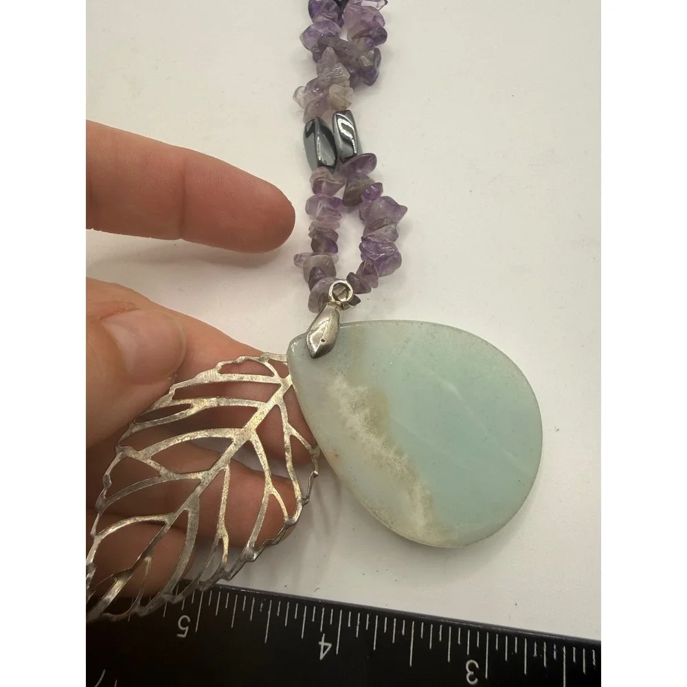 Boho Amethyst Aventurine Amazonite‎ Chip Bead Necklace Silver Leaf Pendant 19